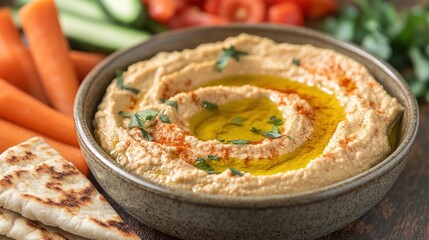 Hummus dip with vegetables and pita bread