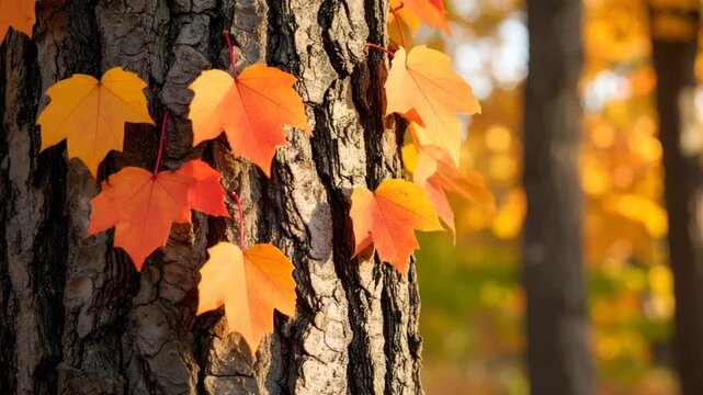 Autumn leaves on tree trunk
