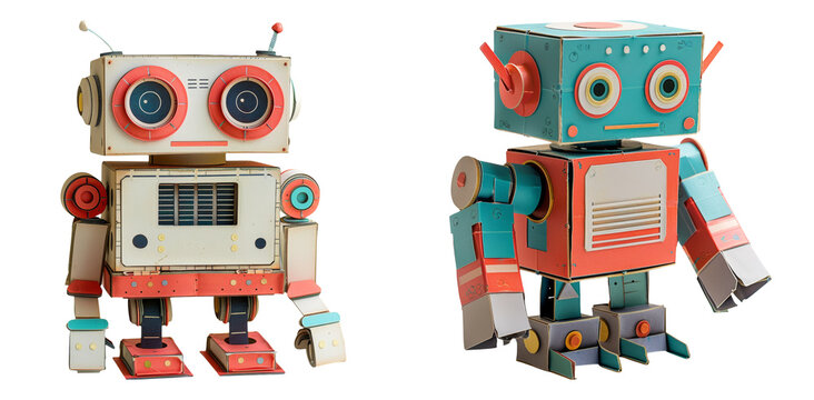 Vintage toy robots in colorful design isolated on transparent PNG image perfect for retro sci-fi posters or children&rsquo;s illustrations