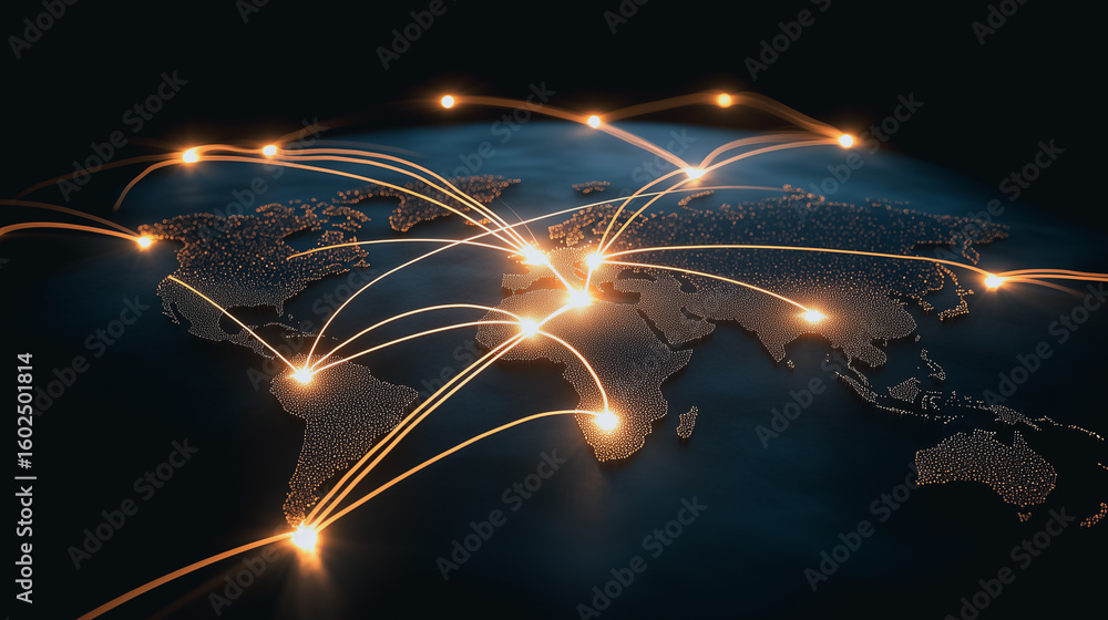 Poster global network: a glowing network of interconnected nodes illuminates a stylized world map against a