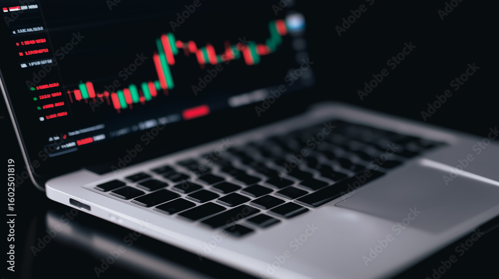 Poster market trends: a detailed close-up of a laptop screen displaying real-time stock market graphs and d