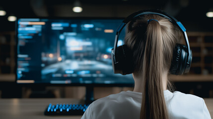 Immersed in Gaming: A young woman engrossed in a thrilling gaming session, donning a sleek headset, with a captivating game displayed on a large monitor, ready to take on the next level.
