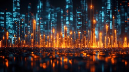 Futuristic glowing cityscape night illustration
