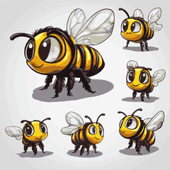 A cute honey bee mascot vector cartoon character design set. Adorable smiling bumblebee illustration collection in various poses.