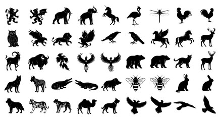 vector silhouettes of animals, collection of various animal silhouettes including mammals birds and insects