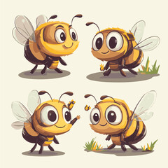 A charming set of honey bee mascot characters in various poses. This vector cartoon design features cute and friendly insect illustrations.