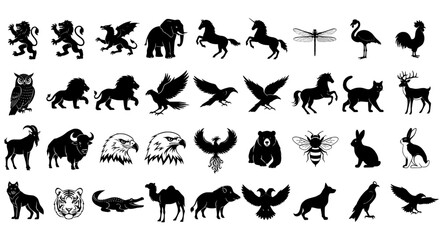 set of silhouettes of animals , Collection of various animal silhouettes in black on a white background