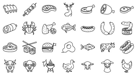 Assorted outline drawings of various food items and animal illustrations