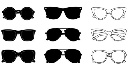 set of sunglasses vector icon, Various styles of sunglasses arranged in a grid pattern on a white background