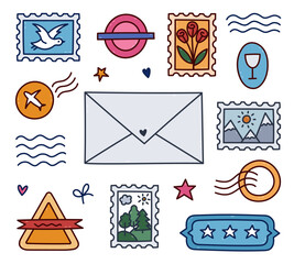 Lovely colourful doodle postage stamp and mark set for airmail envelope, post office. Hand drawn imprint of rubber stamps, waves, airplane sign, stars, postmark with nature pictures isolated on white.