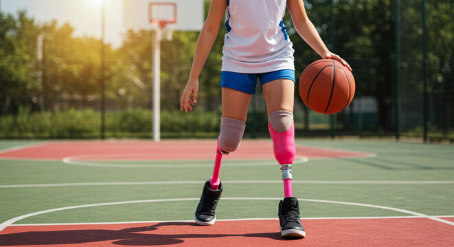 Young athlete with prosthetic legs dribbling basketball on court - Powered by Adobe