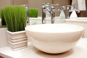 Modern beige bathroom sink with a small potted plant