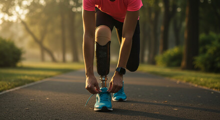 Man with prosthetic leg tying running shoe on park pathway  