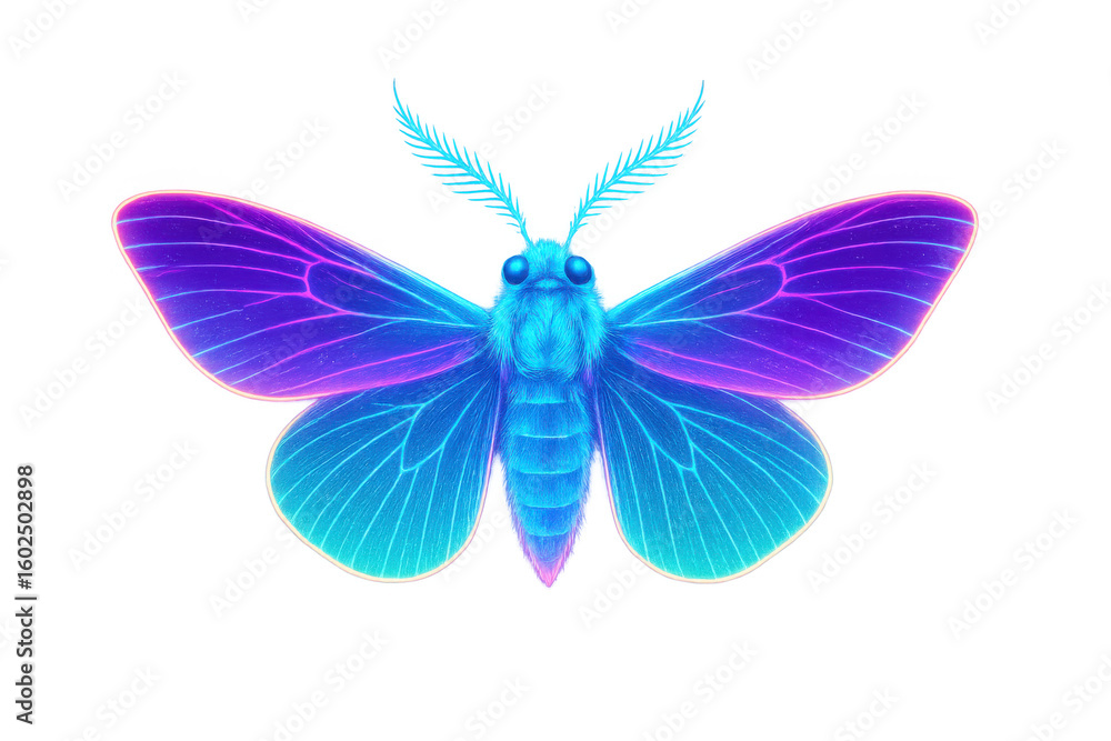 Poster glowing neon butterfly displaying iridescent wings, floating against transparent backdrop with vivid