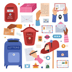 Big cartoon post and mail set with mailbox, envelope, women writing a letter, parcel, postmark and rubber stamps. Lovely hand drawn postal and delivering clipart collection isolated on background.