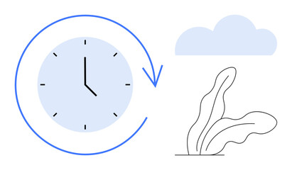 Clock encircled by arrow for time management, cloud and leaf symbolizing nature. Ideal for productivity, scheduling, environmental awareness, goals, sustainability, growth, simple flat metaphor