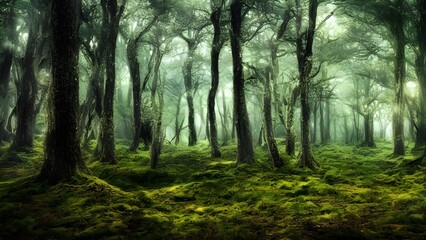 Obraz premium An enchanting forest landscape awakens with the first light of morning, its trees and foliage shrouded in a gentle mist