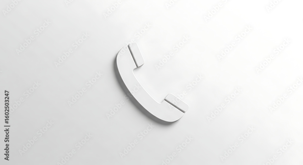 Poster a minimalistic white phone receiver icon casting a soft shadow on a white background in a simple des