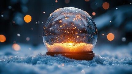 Magical snow globe resting on a snowy surface, emanating a warm glow amidst falling snowflakes and blurred lights, creating a cozy winter scene