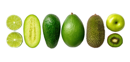 Fresh green fruit and vegetable assortment limes cucumber avocados durian apple kiwi Transparent background