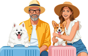 smiling couple with two dogs and suitcases, ready to travel. Pet-Friendly Tourism. Happy Couple with Dogs Ready to Travel. Pet-Friendly Vacations and Adventurous Lifestyle