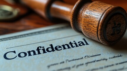 Notary public is applying a stamp to a confidential document on a wooden desk
