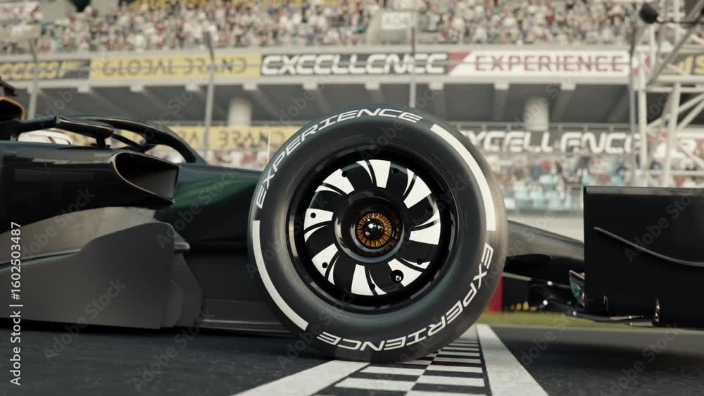 Aufkleber close-up side view of a generic formula one race car driving across the finish line in slow motion. 