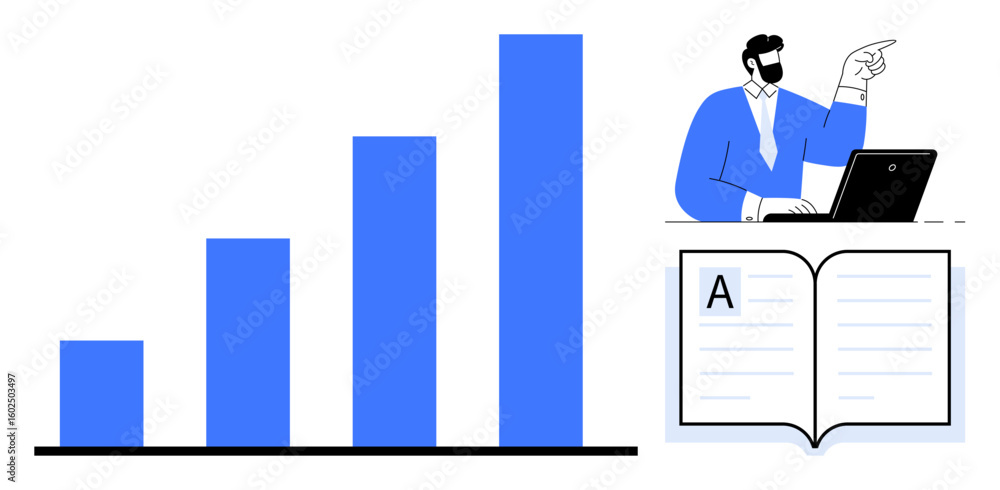 Poster bar chart showing upward growth, professional at laptop pointing towards data, open book with text. 