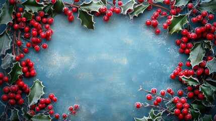 Christmas border made of frosty holly branches with red berries creating a frame on a blue background with copy space