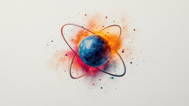 Atomic model rotating around planet earth core generating colorful explosion on plain white background