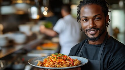 Professional chef proudly presenting gourmet meal in commercial kitchen, embodying culinary expertise and passion