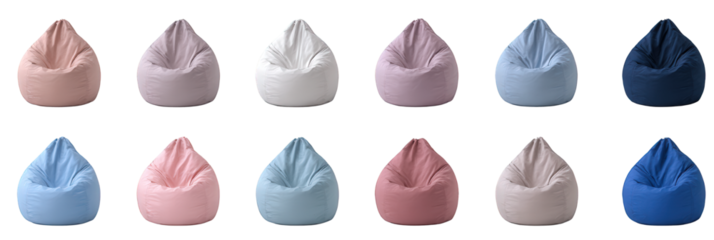 Ten soft bean bag chairs in a colorful assortment arranged in two rows of diverse pastel shades