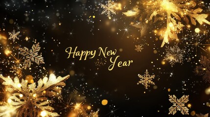 Golden snowflakes and particles falling on a black background with a golden happy new year sign, perfect for new year's eve celebrations