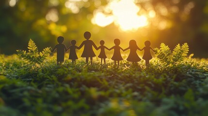Paper family silhouettes holding hands surrounded by ferns on a moss surface at sunset, promoting family unity and environmental awareness