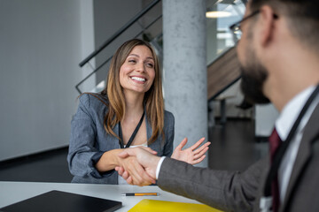 Businesswoman shaking hands with businessman at office meeting