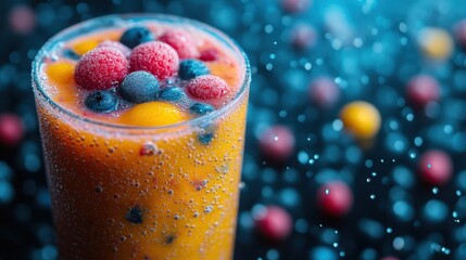 Glass of refreshing yellow fruit smoothie with frozen raspberries and blueberries, decorated with bubbles on a dark background