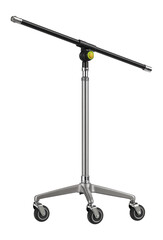 Adjustable microphone stand with boom arm and caster wheels for stage use