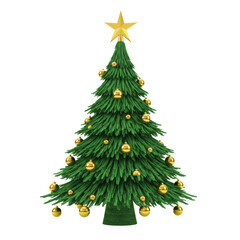 Fototapeta premium Stylized vibrant green christmas tree, broad brushstrokes, reflective golden baubles, gleaming golden star, pristine transparent studio background, even lighting, no shadows. Christmas holiday product