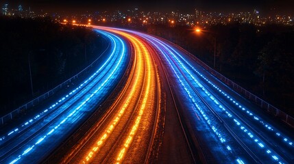 Night Highway Curves, City Lights, Colorful Car Trails