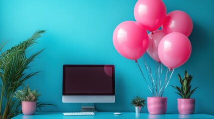 Pink balloons floating next to computer monitor on turquoise desk with houseplants in modern home office