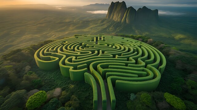 Vast green brain maze on misty mountain landscape aerial
