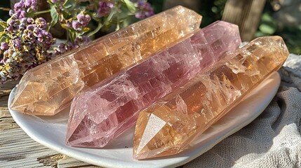 Natural,  amethyst,  quartz  crystals  on  plate,  floral  background