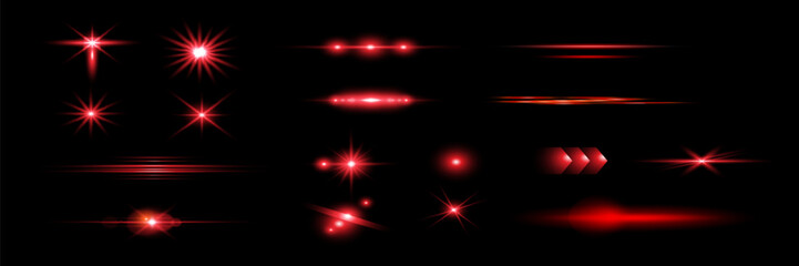 Red light effect reflections, neon illumination in red colors. Bright light lens. Police light effects, lines. Shiny stars, glowing sparks on a black background.