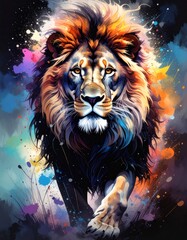 An expressive and colorful watercolor illustration of a powerful male lion's head with a full, flowing mane, set against a dynamic and abstract background of vibrant paint splatters.