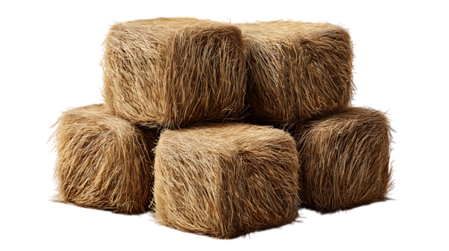 Stack of five small hay bales isolated on transparent background