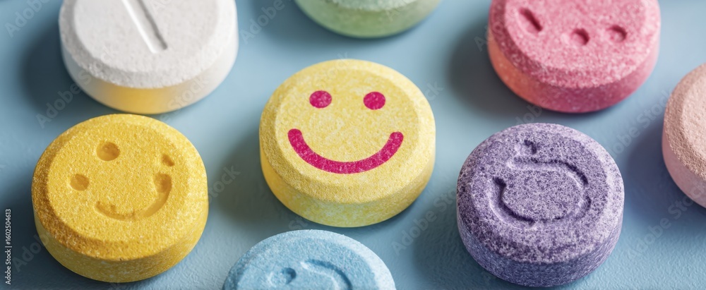 Poster colorful round tablets with embossed designs create a playful and intriguing pattern against a soft 
