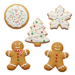 Five meticulously decorated Christmas cookies (sugar, gingerbread, snowflake) with white royal icing, colorful sprinkles, Santa hat, scarf, on clean transparent studio background, top-down view,