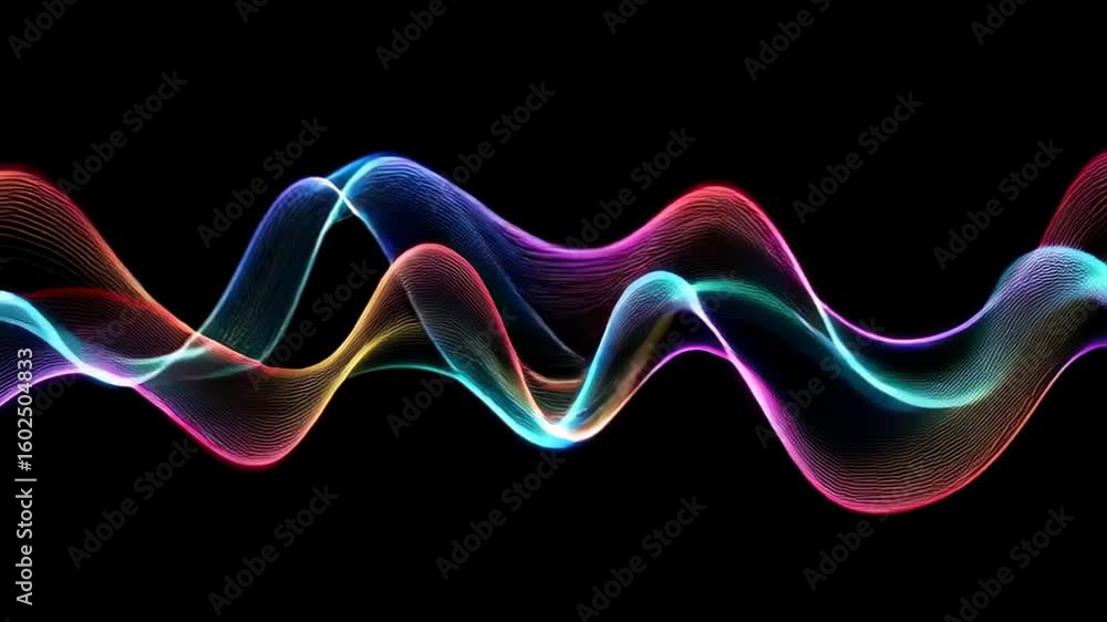 Poster vibrant neon wave patterns scanning horizontally in dynamic motion across a dark background