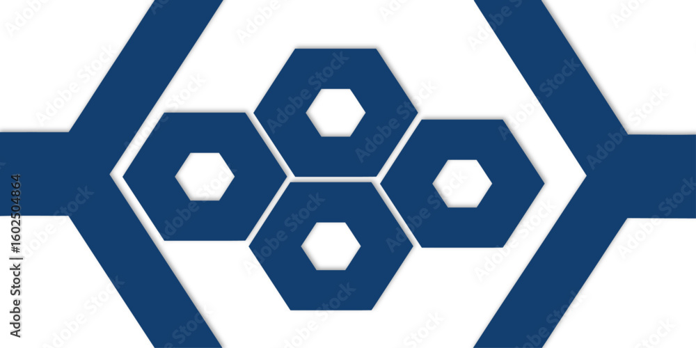 Poster blue geometric design featuring a branching line leading to a cluster of connected hexagons shapes e