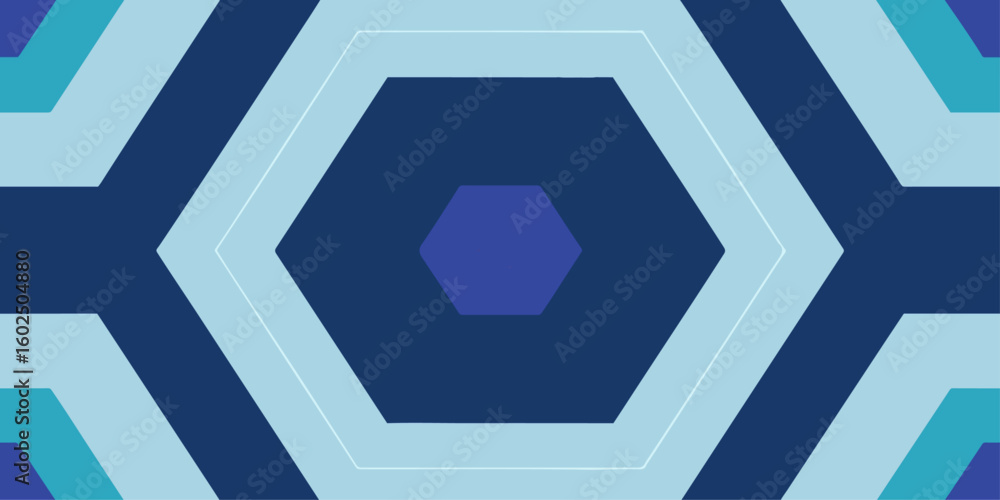 Poster blue geometric design featuring a branching line leading to a cluster of connected hexagons shapes e